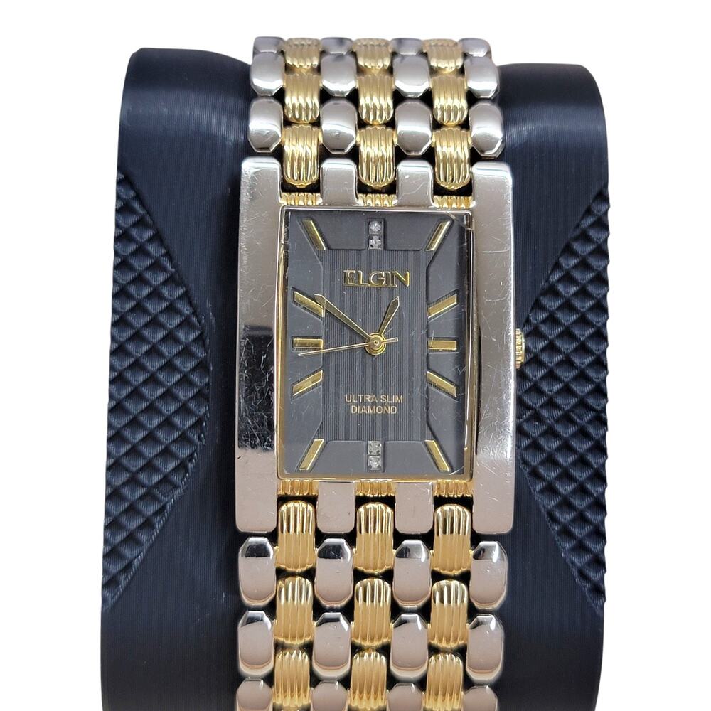 Elgin Ultra Slim Diamond Mens Watch Two Tone Rectangle Tank Black Dial Quartz
